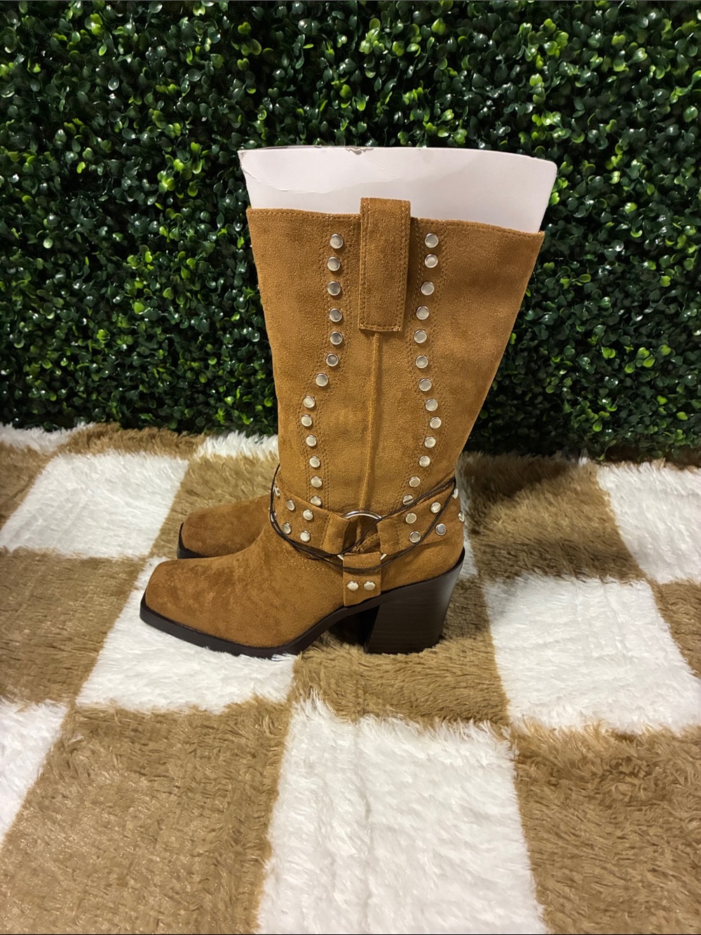 Studded Suede Mid-Calf Heeled Boots - Tan